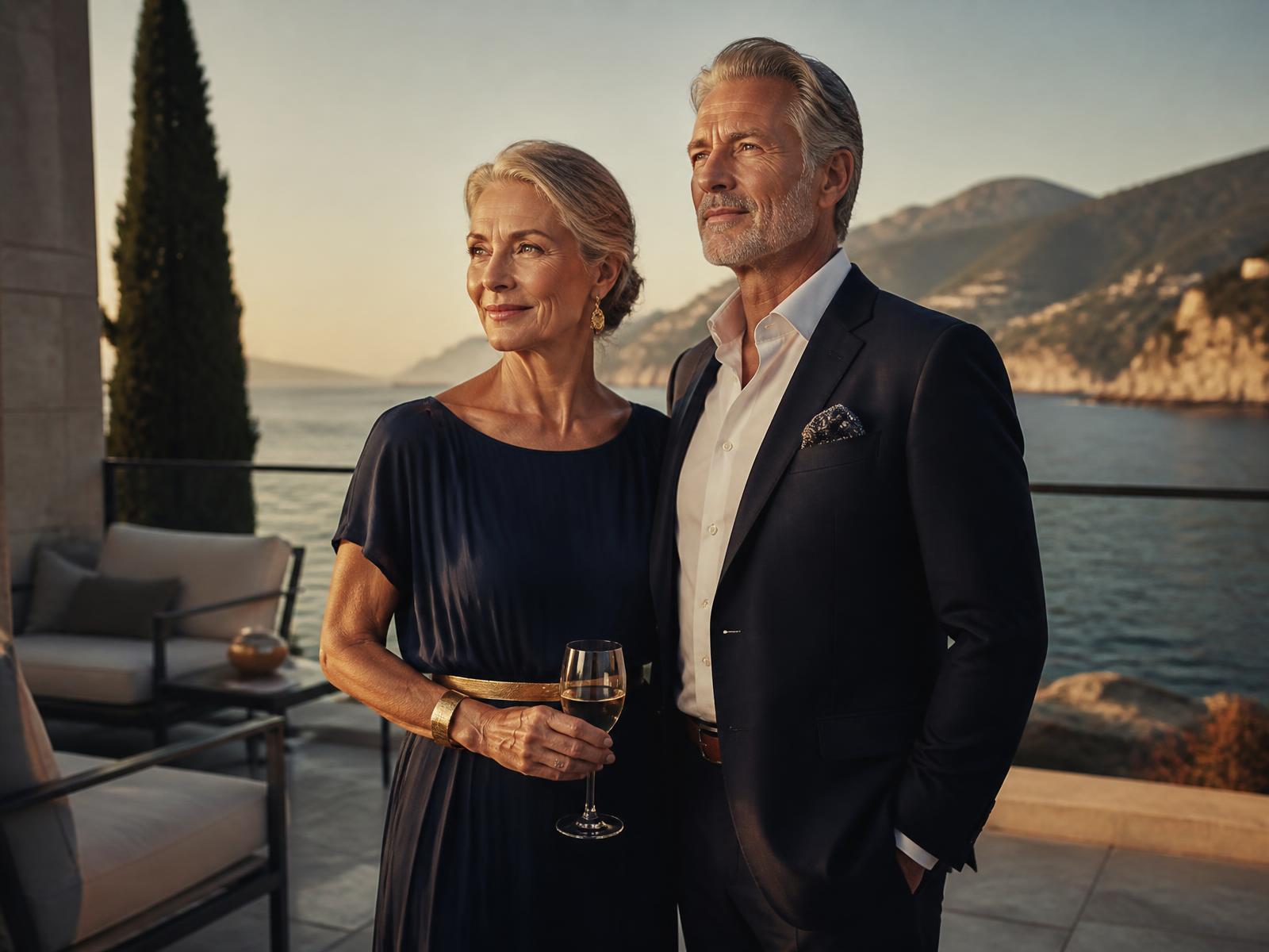 Retired couple overlooking the coast at sunset